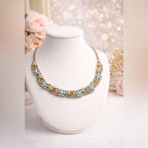 Signed Lisner Blue Rhinestone Leaf Necklace 16”